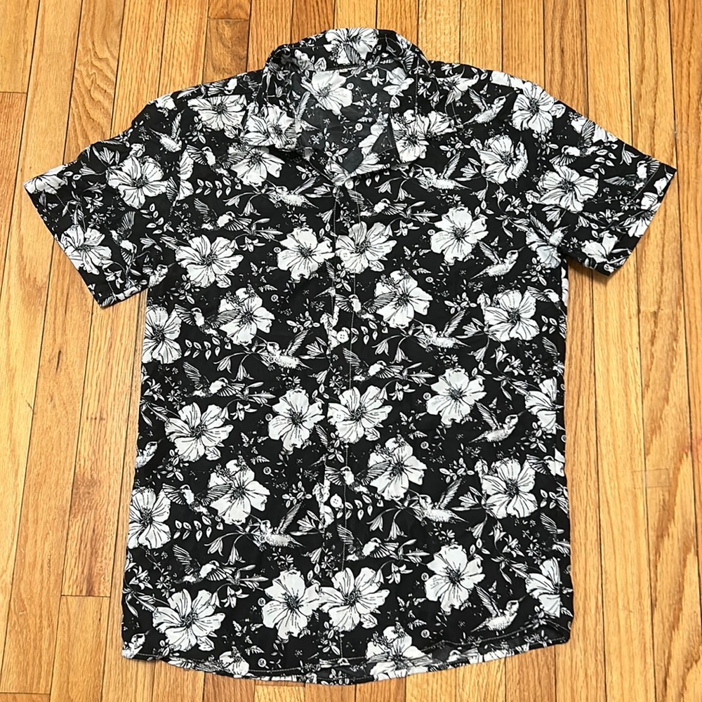 White and black men's small Hawaiian button down